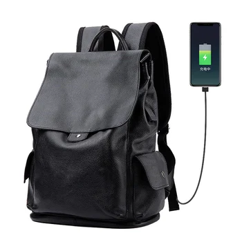 Couro genuíno Mochila com Carregamento USB interface do sexo Masculino de 14 polegadas Laptop de Viagem, Mochilas saco de Couro de Adolescentes Mochila 2020