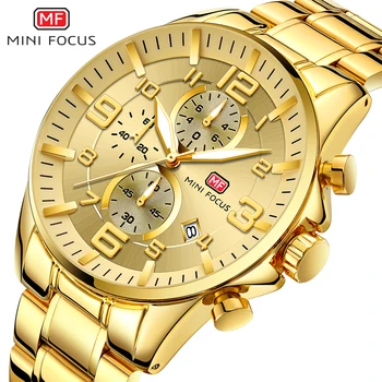 MINIFOUCS Homens do Relógio de Ouro de Aço Pulseira de Desporto Relógios de Quartzo de melhor Marca de Luxo Analógico Impermeável Mens Moda relógio de Pulso Cronógrafo