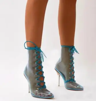 Sestito Novo Quente Mulheres PVC Transparente de Couro Lace-up de Tornozelo Botas de Senhoras bico Fino Transparente Salto Alto Sapatos de Vestido