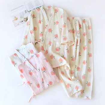 Japonês novo estilo quimono de algodão doce estilo pijama terno feminino casual a primavera e o verão pijama pijama de duas peças de serviço inicial
