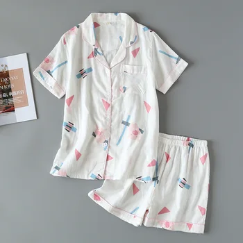 Summer Shorts Conjunto com Gaze de Algodão Leitão de manga Curta, Shorts de Pijama Casaquinho de Lapela Casual V-pescoço Bonito de Impressão para Casa Dormir Desgaste