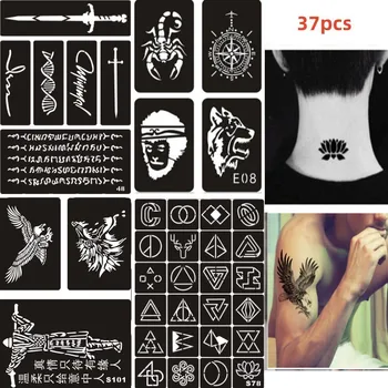 37pcs/conjunto Grande de Henna Estênceis Sexy Para o Homem Lobo, Águia Temporária Estêncil da Tatuagem Triângulo Forma de Diamante Estêncil da Tatuagem Para a Pintura