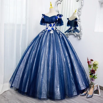 azul royal bordado de flores masquerade cosplay vestido longo, vestido medieval Renascentista Vestido de princesa fantasia Vitoriana/Marie