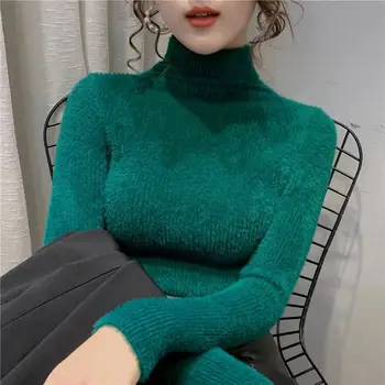 Espessamento do Decote Alto Vison Camisola das Mulheres de Inverno, Versão coreana Pulôver de Moda Slim Fit Com Manga Longa Camisola Interior