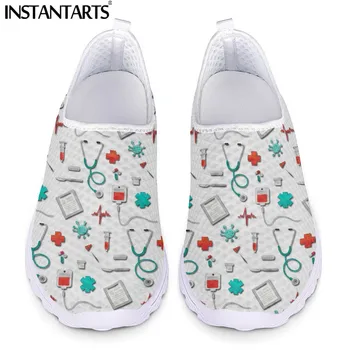 INSTANTARTS Marca Mulher Designer de Sapatos Flats Enfermeira Sapatos de Mulher Esboço Cirúrgica Enfermagem Médico Padrão de Malha Confortável Tênis