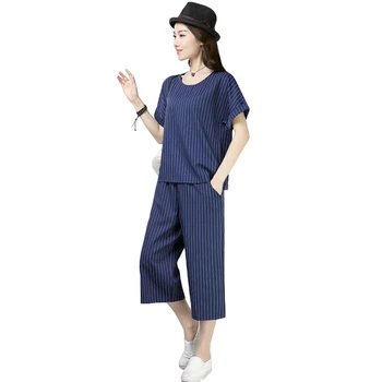Plus Size 5XL 2021 Verão Novo Pedaço de 2 Listra Ternos das Mulheres de Manga Curta Blusa+Perna larga Conjuntos de Calças de Mulher Solta Roupa de cama de Algodão Conjuntos