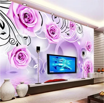 Personalizados em 3d papel de parede mural de Flores Roxas 3D papel de Parede Sofá da Sala de estar, Quarto Plano de Fundo de Parede Decoração da Casa