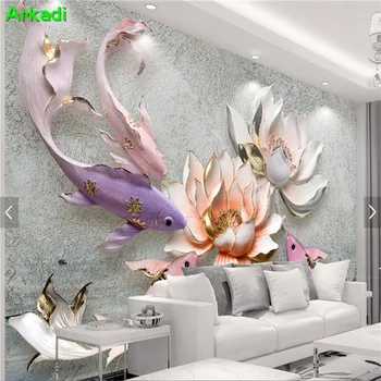 Chinês em relevo lotus peixe retro foto mural sofá PLANO de fundo mural da paisagem decoração de parede papel de parede de qualquer tamanho