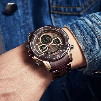 2021 Novos Relógios de Homens de Luxo Criativo de Cor de Café Completo-Cinta de Aço Dual Display Relógio NAVIFORCE Moda relógio de Pulso Cronógrafo