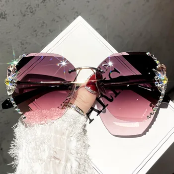 2022 Marca de Luxo de Design Vintage sem aro Strass Óculos de sol das Mulheres da Moda da Lente do inclinação de Óculos de Sol Tons para as mulheres de óculos
