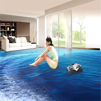 BEIBEHANG personalizado Grande pisos pintura azul do mar sem limites paisagem impermeável casa de banho desgaste do papel de parede do PVC