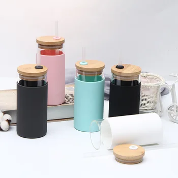 550ML Criativo de Bambu tampa de Vidro de Água de Chá, copos garrafa de vidro com Luva de Silicone Chá e Café Beber a Garrafa com Palha