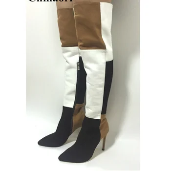 Nova Moda de Cores Misturadas Mulher Dedo Apontado Over-the-knee Boots Feminina de Retalhos Longas Botas de Meninas Zip Fino Salto Alto Sapatos de Mulher