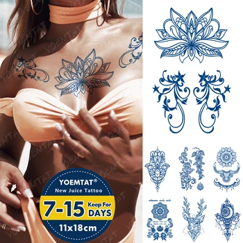 Tinta Suco Impermeável Tatuagem Temporária Adesivos Henna Indiana Lotus Elk Corpo Arte De Transferência De Falso Tato Homens Mulheres Duradoura Azul Tatuagens