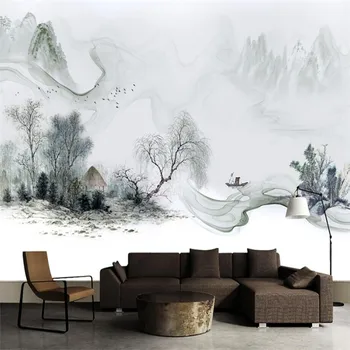 Simples Estilo Chinês Novo Chinês Tinta Paisagem De Sonho Sofá De Parede Profissional De Produção De Papel De Parede Mural