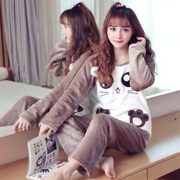 2022 Moda Pijama Quente do Inverno das Mulheres de Flanela Confortável Pijama de Conjuntos Para a Fêmea Novo Estilo de Coreia do Cartoon 2pc Grosso Tops+Calça