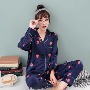 Pijama Mulheres Primavera De Seda Feminino Calças De Pijamas Impressão De Moda Mulher Pijamas Outono De Manga Longa De Sono Tops Menina 2021
