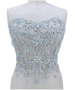 Handmad Strass prata adorno em malha costurar em cristal patches para o vestido de noiva 36*35cm