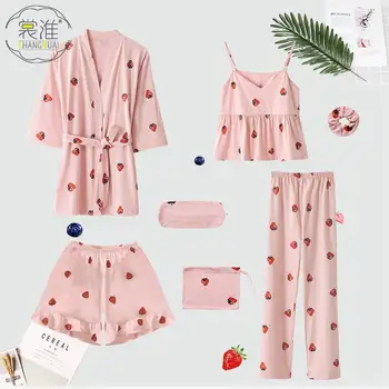 A coleção primavera / Verão das Mulheres 7 Peças Conjunto de Pijama de Mulheres Sexy Pijamas de Algodão de Conjuntos de Suspensão Terno Doce Bonito Roupa de Casa, Roupa cor-de-Rosa