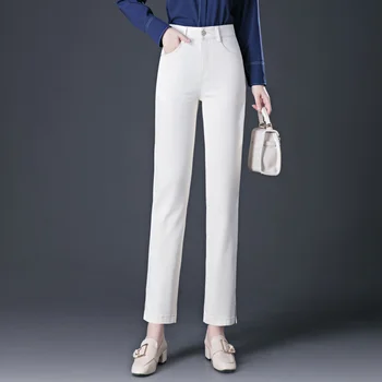 Mulheres de Primavera do Jeans Emagrecimento Reta Cigarro Calças de Senhora Cintura Alta Alta de Tornozelo Elástico de Comprimento Jeans 7XL