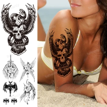 transferência de tatuagens de asas de anjo crânio cobra flor temporária tatuagem manga do braço a cintura da tatuagem da arte corporal adesivo à prova d'água preto
