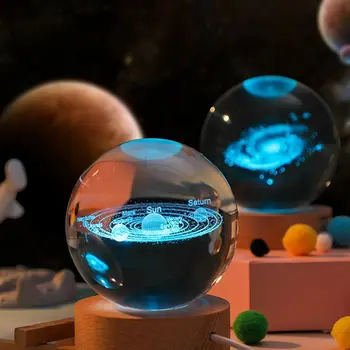 Quente de Vidro, Decoração do Sistema Solar Gravura LED Nightlight Planeta Bola 3D Lâmpada Bola de Cristal Luzes