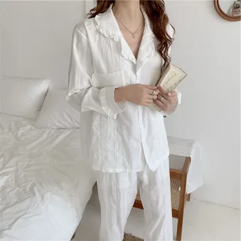 Pijamas de algodão de Mulheres 2021 Primavera, Outono de Nova Renda Confortável de Lazer Sweet Home Roupas 2Pcs Conjunto de Pijamas Feminino roupas de Dormir