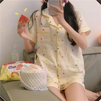Colorido Ponto De Impressão De Verão Pijama Conjunto De Mulheres Doce Coreano De Duas Peças De Casa De Terno Casual Algodão Solto Casa, Roupas, Pijamas