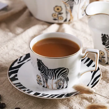 250 ml de luxo zebra estilo de cerâmica, porcelana de ossos de café, de chá, Xícaras e Pires com a linha ouro