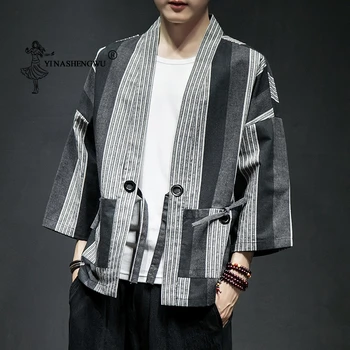 Kimono Cardigan Homens Yukata Moda Quimono De Algodão Casual Camisa Jaqueta De Linho, Tecido De Revestimento Quimono Japonês Tradicional Asiática Roupas