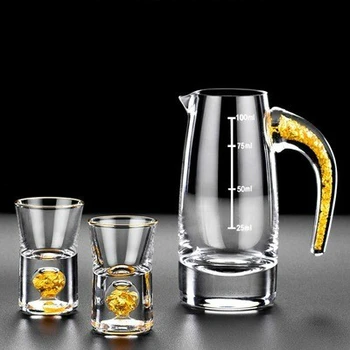 Manual de Cristal de Vidro de Tiro Construída Em Ouro Puro Goldleaf Licor Espíritos de Aguardente Mini Copos de Vinho de Vinho Divisor de Caixa de Presente copo de vidro