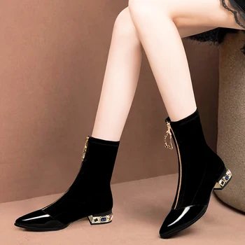 Novas Mulheres Botas de Borracha Zíper Botas Botas de Senhoras-mulheres de Cristal Tornozelo Sapatos Pontudos 2022 Meias Outono de pedra de Strass da primavera