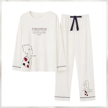 Primavera Outono de Algodão Mulheres Pijamas de desenhos animados de Impressão 2PCS Pijama Terno Solta Roupa Casual S-T-shirt com Decote&Calças Casa Roupas