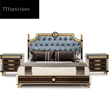 europeia moderna italiana em madeira maciça de couro genuíno cama de Moda Esculpida de luxo francês para quarto móveis king size jxj67