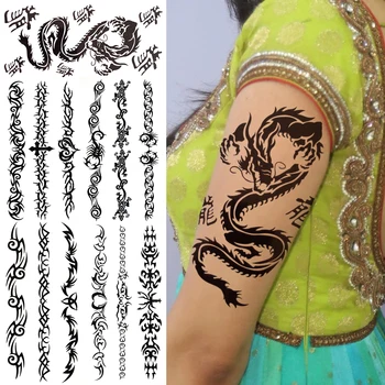 Realista Dragão Negro Falso Etiqueta Da Tatuagem Para As Mulheres Senhora Indiana Totem Tribal Tatuagens Temporárias De Espinhos Impermeável Tatoo Grande