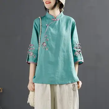 2022 Novo Chinês de Estilo Vintage de Algodão Camisa de Linho de Mulheres da Primavera e do Verão Stand Colarinho Botão Superior Oblíquo Bordado
