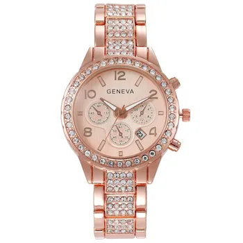 Calendário de Relógios femininos Rosa Relógio de Ouro de Moda de Genebra de Luxo Feminino Cheio de Strass Aço Relógios de pulso Relógio Masculino