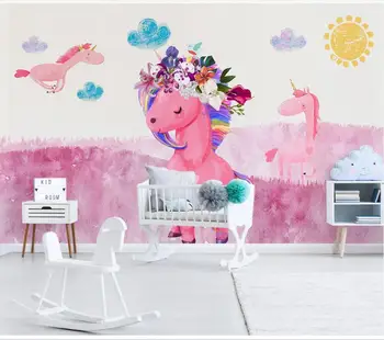 XUE SU personalizado Grande mural de parede Nórdicos moderno e minimalista pintados à mão unicórnio cor-de-rosa do quarto de crianças na parede do fundo