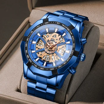 Moda Azul Relógios De Homens De Aço Inoxidável Luxuoso Oco De Discagem Quartzo Relógio De Pulso Calendário Luminoso Do Relógio Homens De Negócios Relógio Casual
