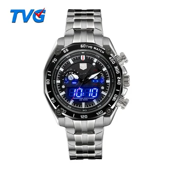 TVG Moda Relógio de Hora Dupla Luminoso Digital de Alta Qualidade de Aço Inoxidável do relógio de Pulso de Homem Esporte Impermeável Relógio Masculino