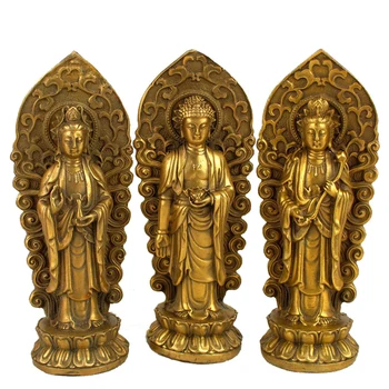 Feng Shui Latão Cobre Três Santos do Ocidente Avalokitesvara Amitabha e Mahasthamaprapta Estátua Atrair Riqueza