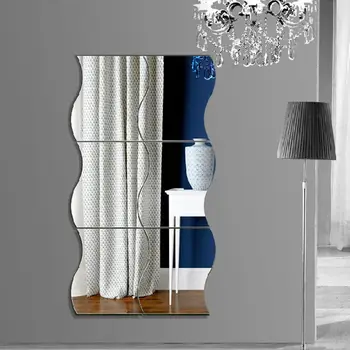 6PCS Ondas de Forma Auto-adesivo 3D Espelho-Superfície de Adesivos de Parede DIY Arte Mural do Decalque casa de Banho Cozinha Sala de estar Decoração Home