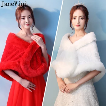 JaneVini Marfim/Vermelho Noiva de Inverno Mulher Bolero para o Vestido de Peles de Casamento Jaqueta casaco de Noiva Xale Cabo Roubou Bolero De Mariage