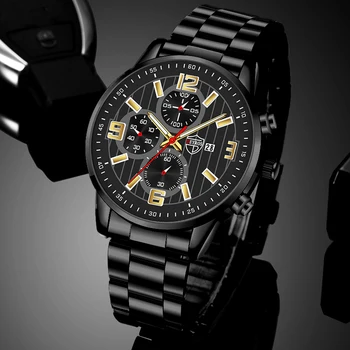 Moda Relógio de Luxo para Homens de Aço Inoxidável de Quartzo Relógio Homens de Couro Calendário relógio de Pulso Luminoso de Relógios do Esporte часы мужские