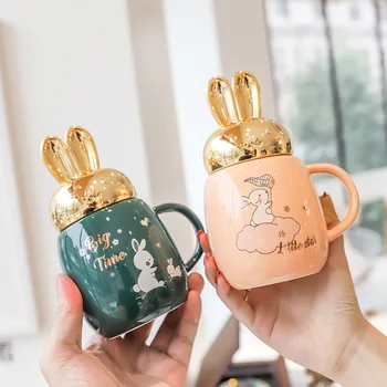 Cartoon Canecas de Cerâmica Com Linda Orelha de Coelho Tampa Estilo coreano de Garrafa de Água de Chá de Café com Leite, Café da manhã Copa Para o dia dos Namorados Presente