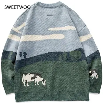 2022 Homens Vacas Vintage Inverno Quente Diário Pulôver De Tricô Masculino Coreano Modas S-Neck Sweater Mulheres Casual Harajuku Roupas