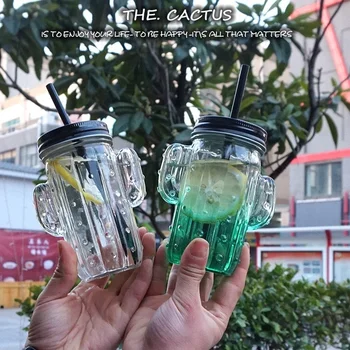 Criativo Cacto Estilo de garrafas de Água Transparente Jucier óculos de garrafa de Leite com uma palha de tamanho Grande Útil Garrafas