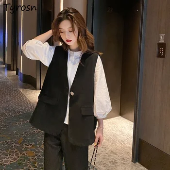 Mulheres Coletes Solid V-pescoço Único Botão Simples de Todos-jogo Estilo coreano Senhora Elegante Moda Temperamento Coletes Retro Diária