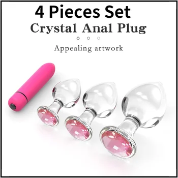 3/4Pieces Conjunto de Cristal de Vidro Plug Anal Transparente Anal Esferas de Diamante Butt Plug Massageador Vibrador Brinquedos Sexuais para a Mulher Buttplug