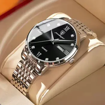 Poedagar Homens Relógio de Luxo Impermeável Luminosa Data de Semana de homens de Aço Inoxidável Relógios de Quartzo para os Homens de Negócios Relógio Masculino